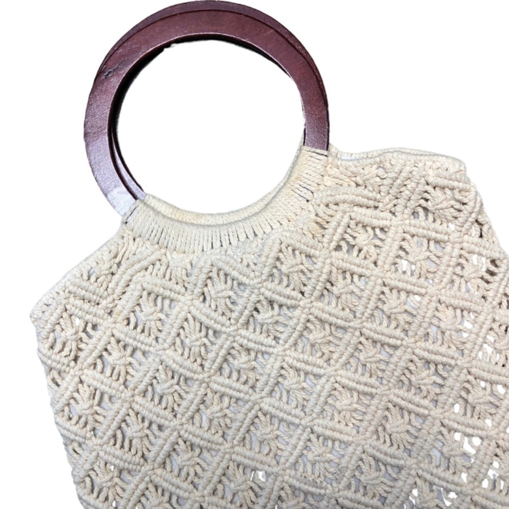 Bohemian Macrame Tote Bag Wooden Ring Handles Cream Knitted Shoulder Bag - Picture 8 of 13